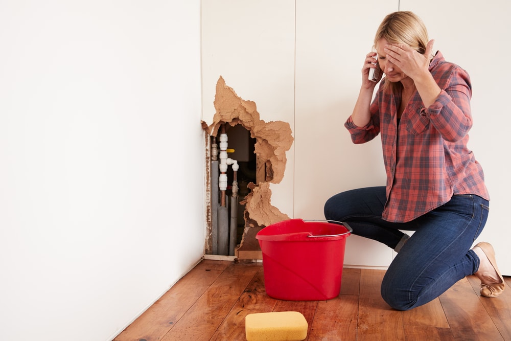 Middle,Aged,Woman,With,A,Burst,Water,Pipe,Phoning,For